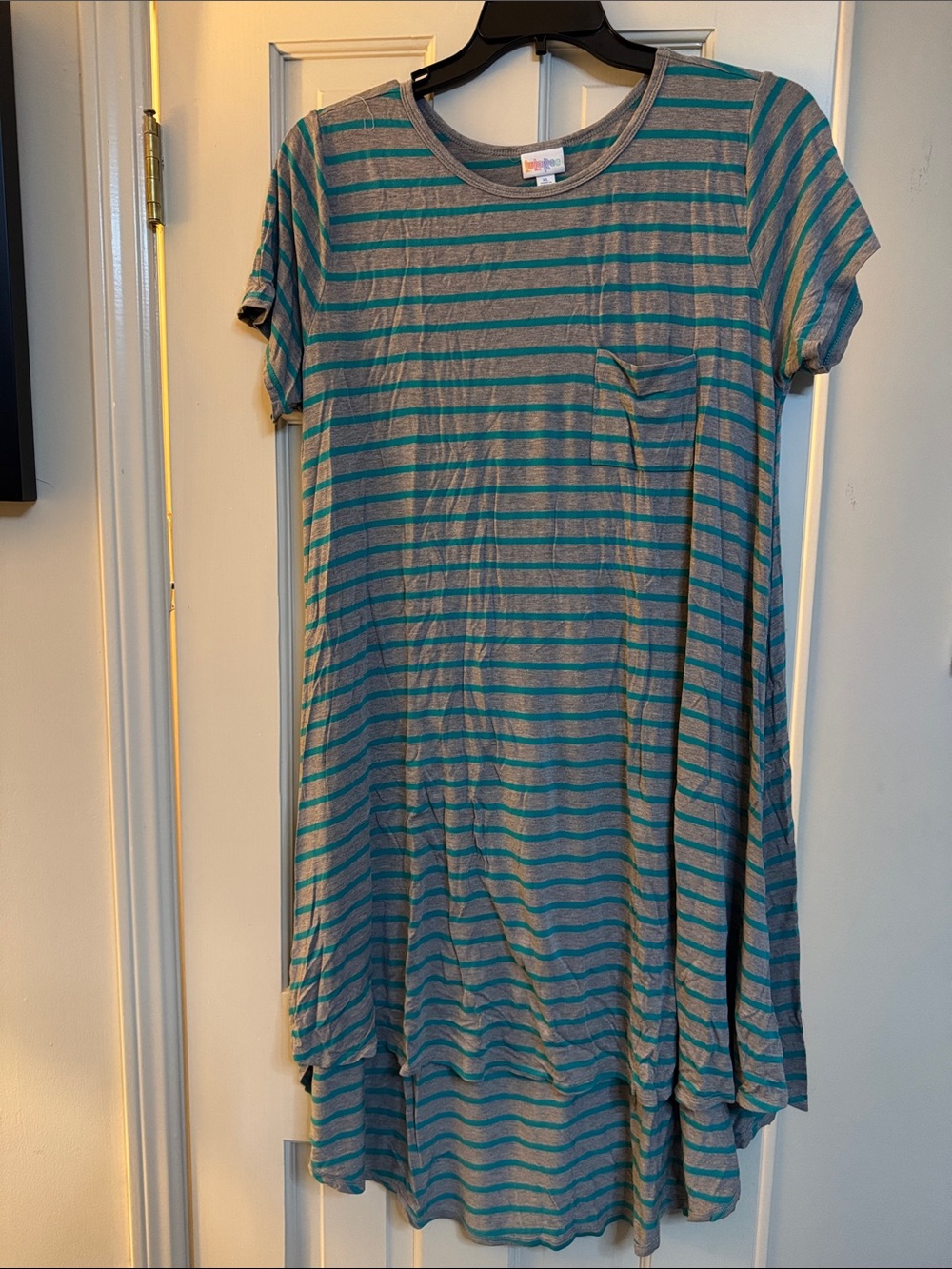 NWOT Lularoe XL Striped Short Sleeve Pocket Swing Dress - Teal & Gray